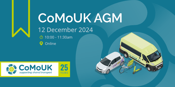 Banner showing CoMoUK AGM event details and an illustration of various shared modes