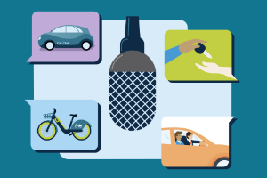 Shared transport mode icons around a microphone