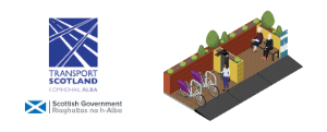 Transport Scotland and Scottish Government logos alongside an isometric illustration of a pop-up parklet hub