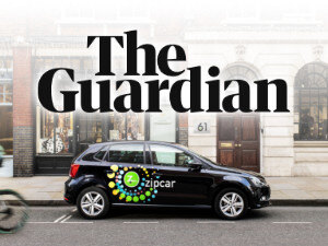 The Guardian logo above a parked Zipcar vehicle in London
